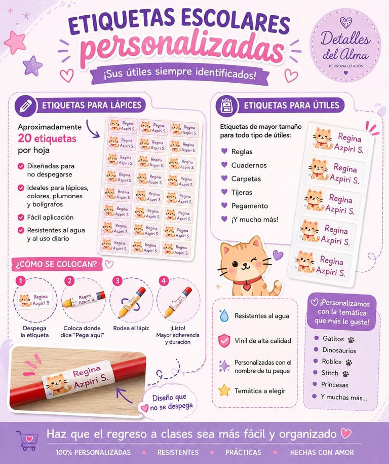 Personalized school labels product flyer featuring sticker sheets for pencils and school supplies with cat designs and customization options
