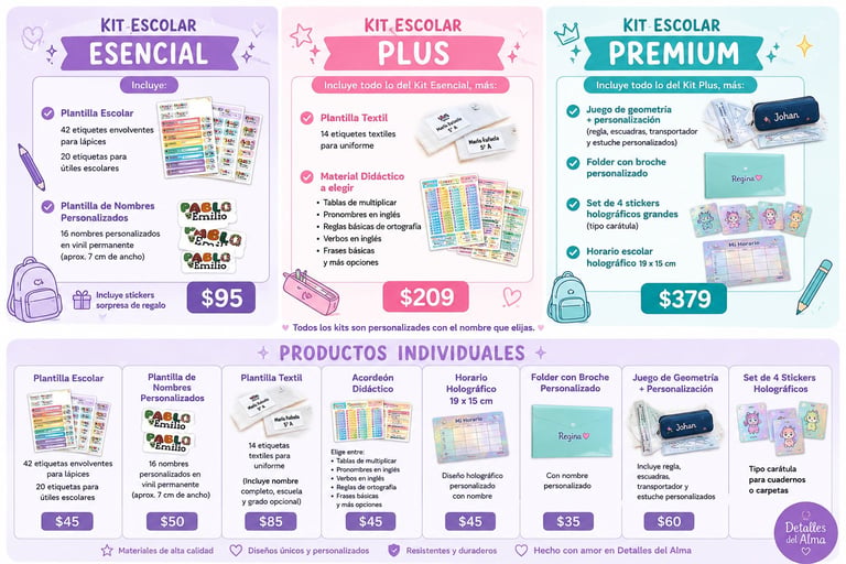Three school kit packages showing Esencial, Plus, and Premium options with prices $95, $209, and $379, plus individual products available separately.