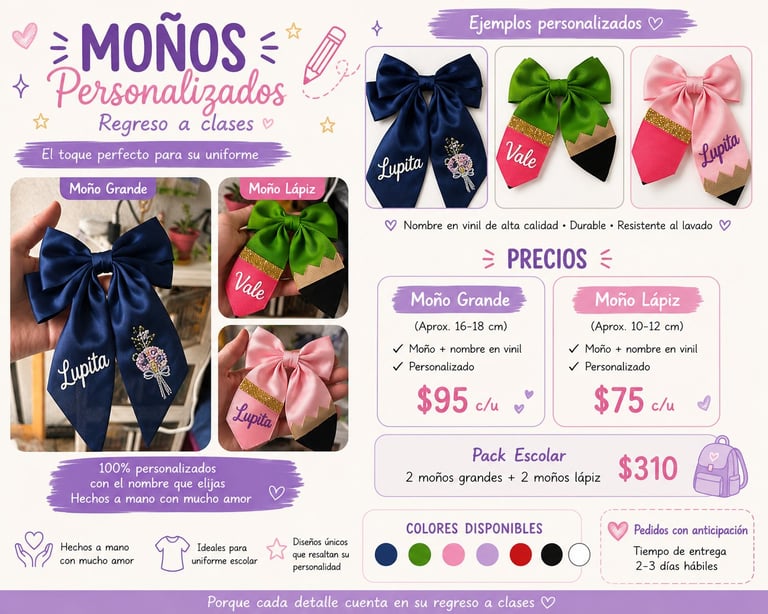 Product catalog of personalized hair bows in various colors and sizes with pricing, featuring school uniform options