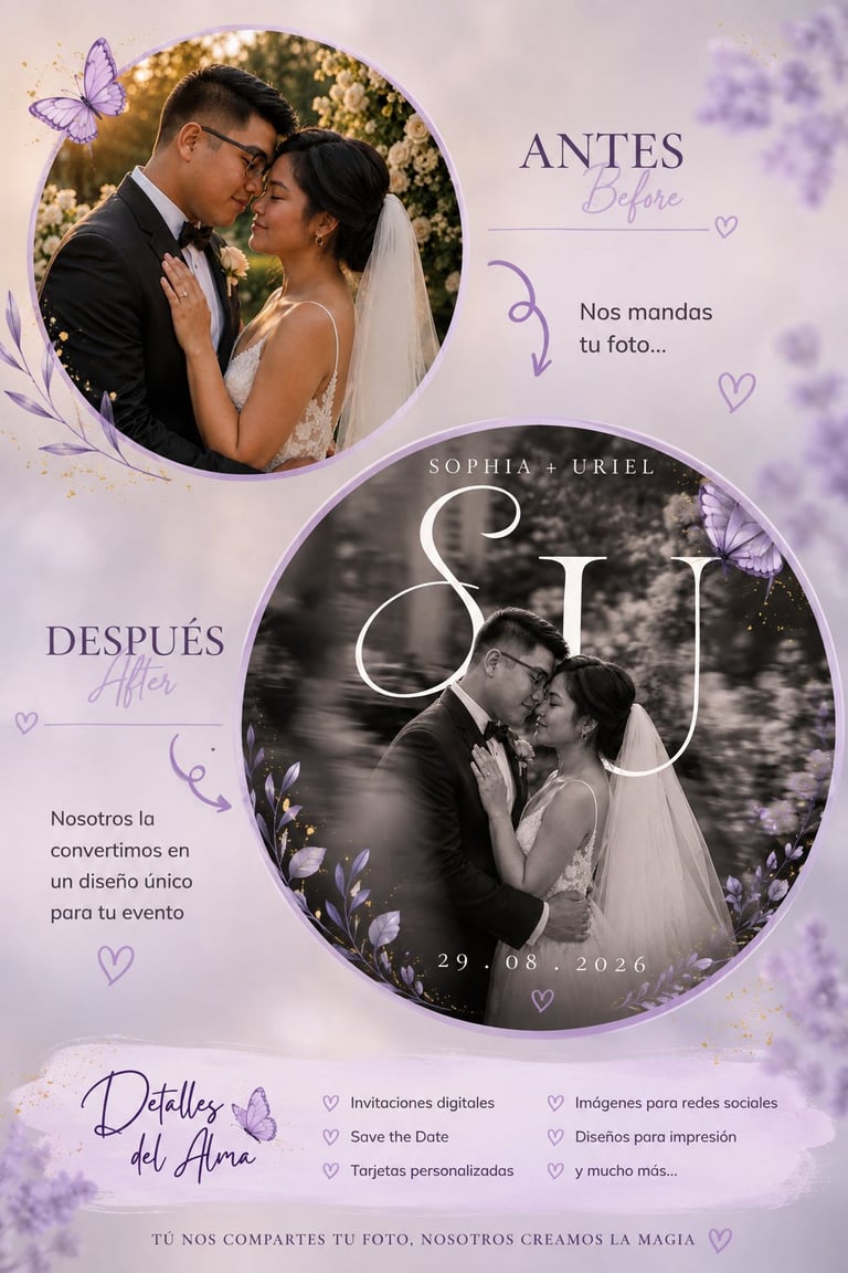 Wedding invitation for Sophia and Uriel dated 29.08.2026 featuring before and after couple photos with purple floral design elements