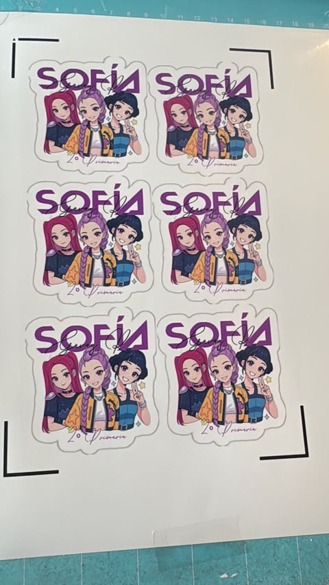 Six Sofia the First sticker designs arranged in a grid, each featuring animated characters in purple text on white scalloped background
