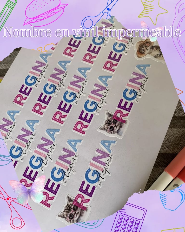 White notebook with repeated REGINA text in colorful letters and cat photos