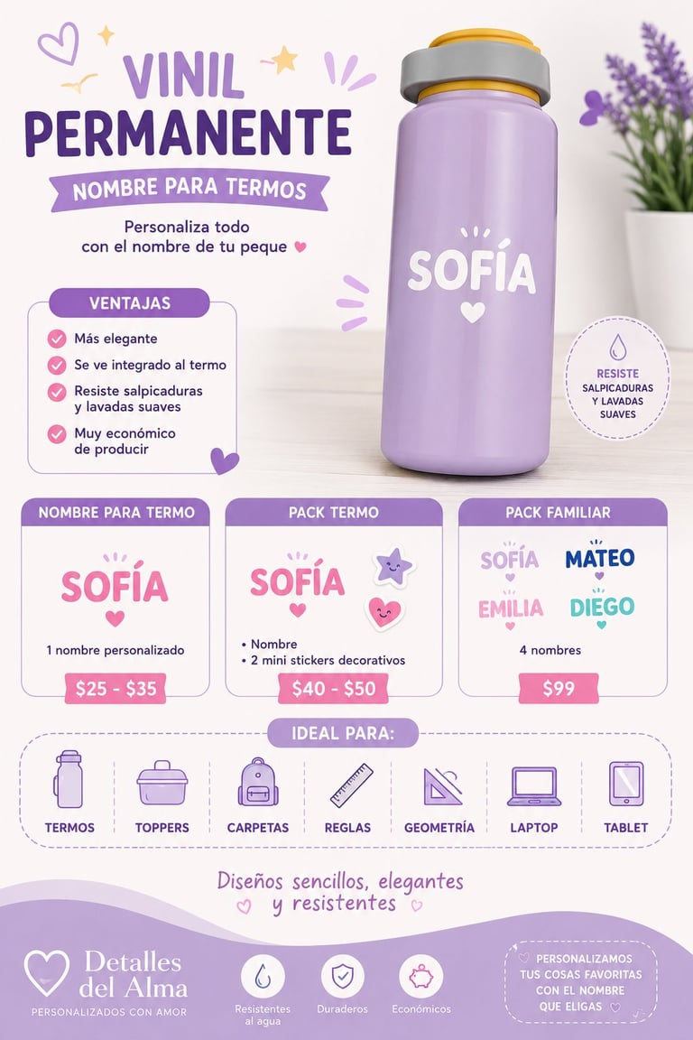 Spanish promotional poster for personalized vinyl tumblers with name Sofia, showing product, pricing options, and customization benefits