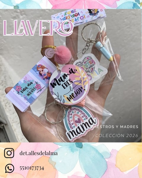 Collection of pink and white keychains and accessories