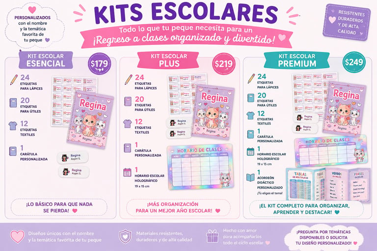 Product comparison chart displaying four school kit options with prices