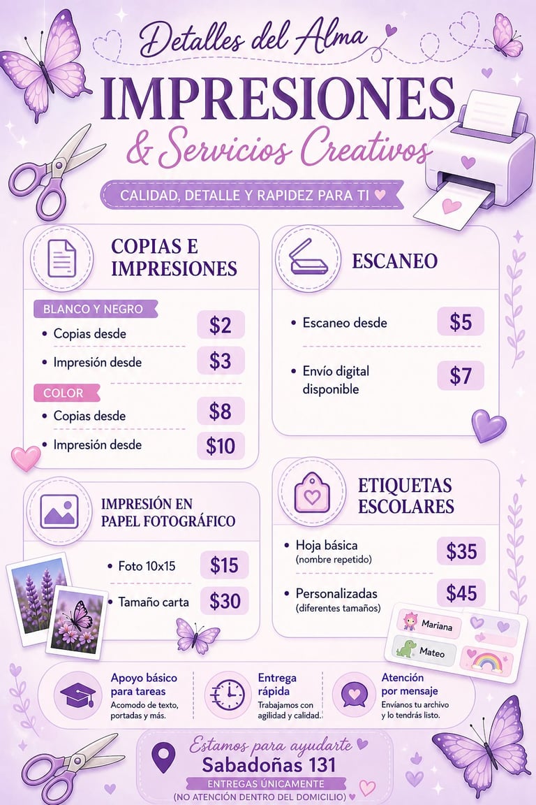 Price list for Detalles del Alma printing and creative services