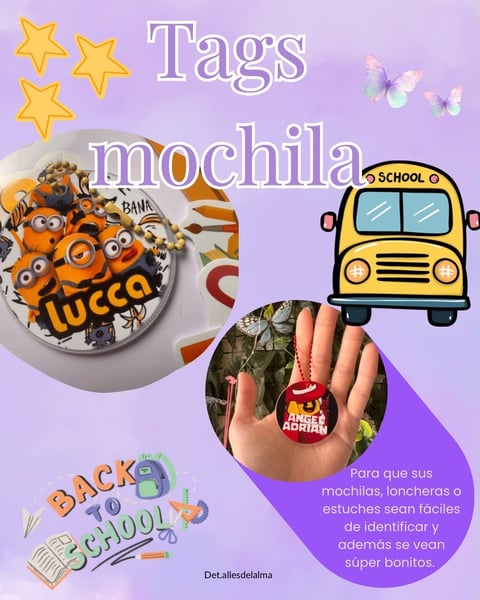 Colorful back to school graphic with tags mochila showing yellow stars, school bus, childs hand with ring, orange badges, and Spanish text on purple background
