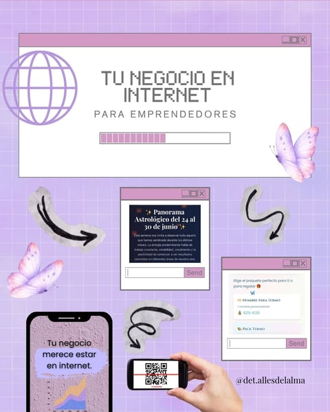 Purple-themed digital collage about online business for entrepreneurs, featuring website windows, globe icon, butterflies, and a hand scanning a QR code