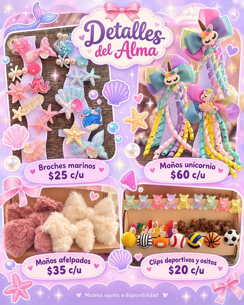 Detalles del Alma product catalog showing decorative items: marine brooches, unicorn bows, fluffy keychains, and sports clips with prices ranging from $20 to $60