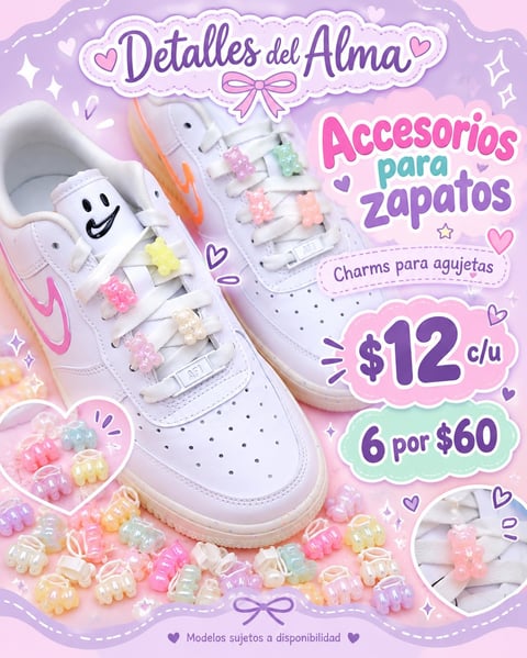 Shoe charms advertisement showing pastel flower-shaped beads on white sneaker with pricing $12 each or 6 for $60