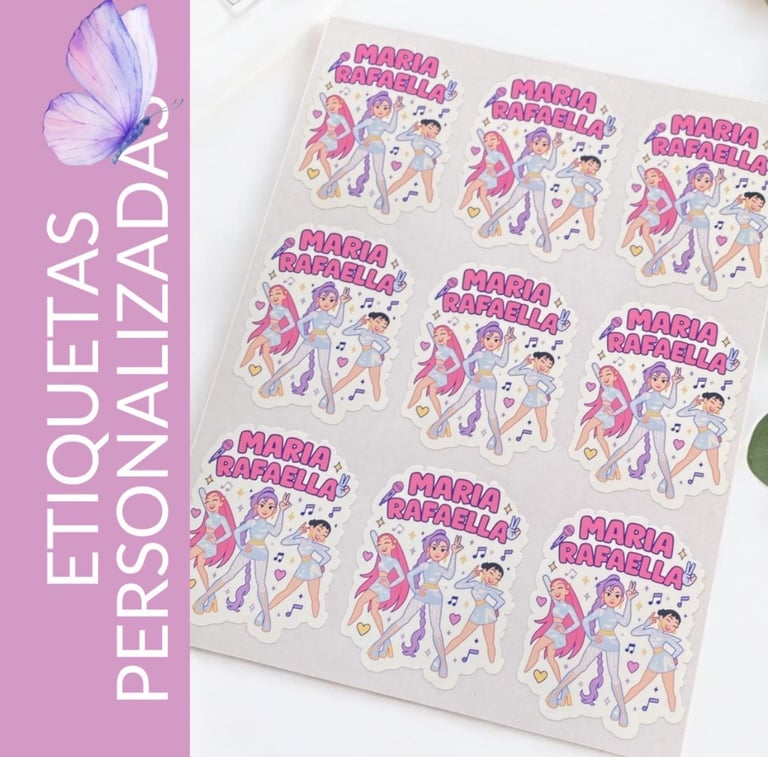 Sheet of personalized Maria Gabriella sticker labels featuring colorful cartoon illustrations