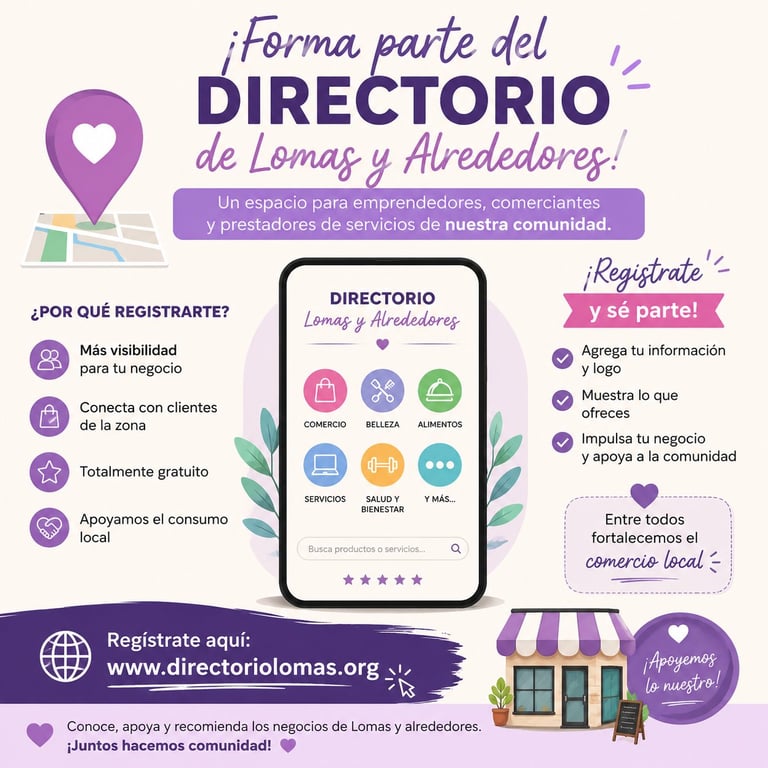 Promotional infographic for Directorio de Lomas y Alrededores business directory