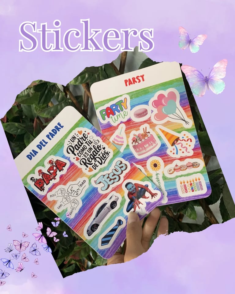 Two colorful sticker sheets displayed on green leaves against purple background with decorative butterflies