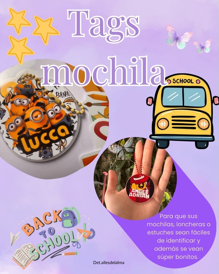 Colorful collage with yellow stars, school bus, orange tiger mochila backpack, childs hand with keychain, butterflies, and Spanish text about school accessories on purple background